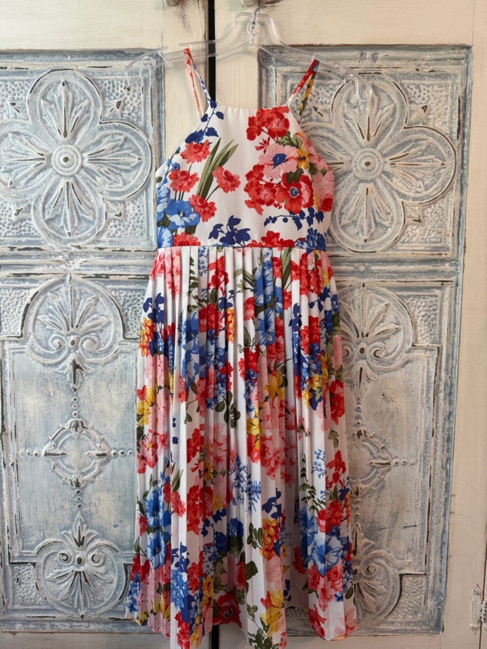 Bonnie Jean White Floral Halter Girls' Dress with Red, Blue & Yellow Flowers